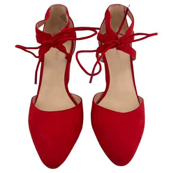 NINE WEST • Bright Red Stefani Suede Strappy Pointed Toe Block High Heels - Picture 4 of 14